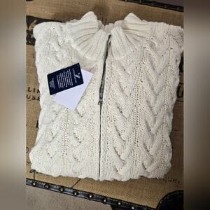 NWT Lands End Chunky Cable Knit Sweater Cream Long Sleeve 2Way Zipper Size XL
